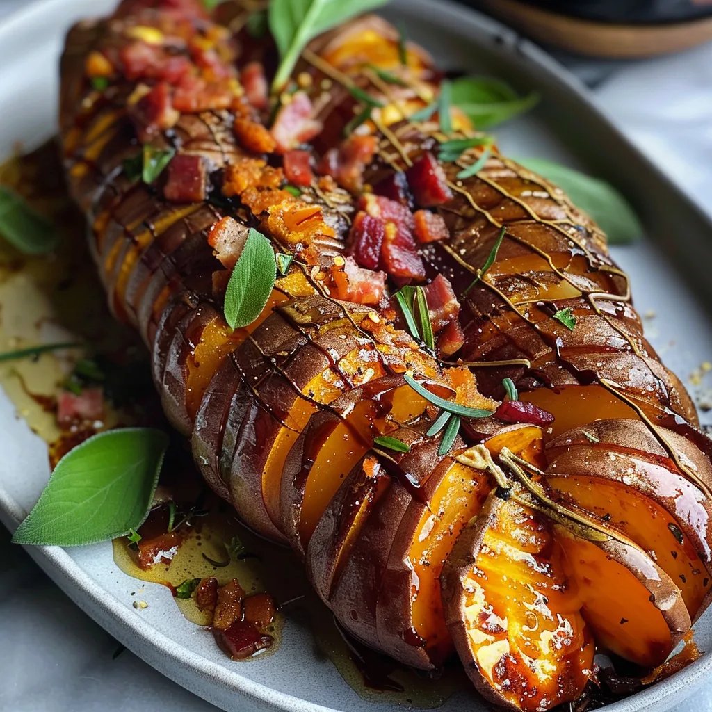 Roasted Hasselback Sweet Potatoes With Bacon Maple Brown Butter