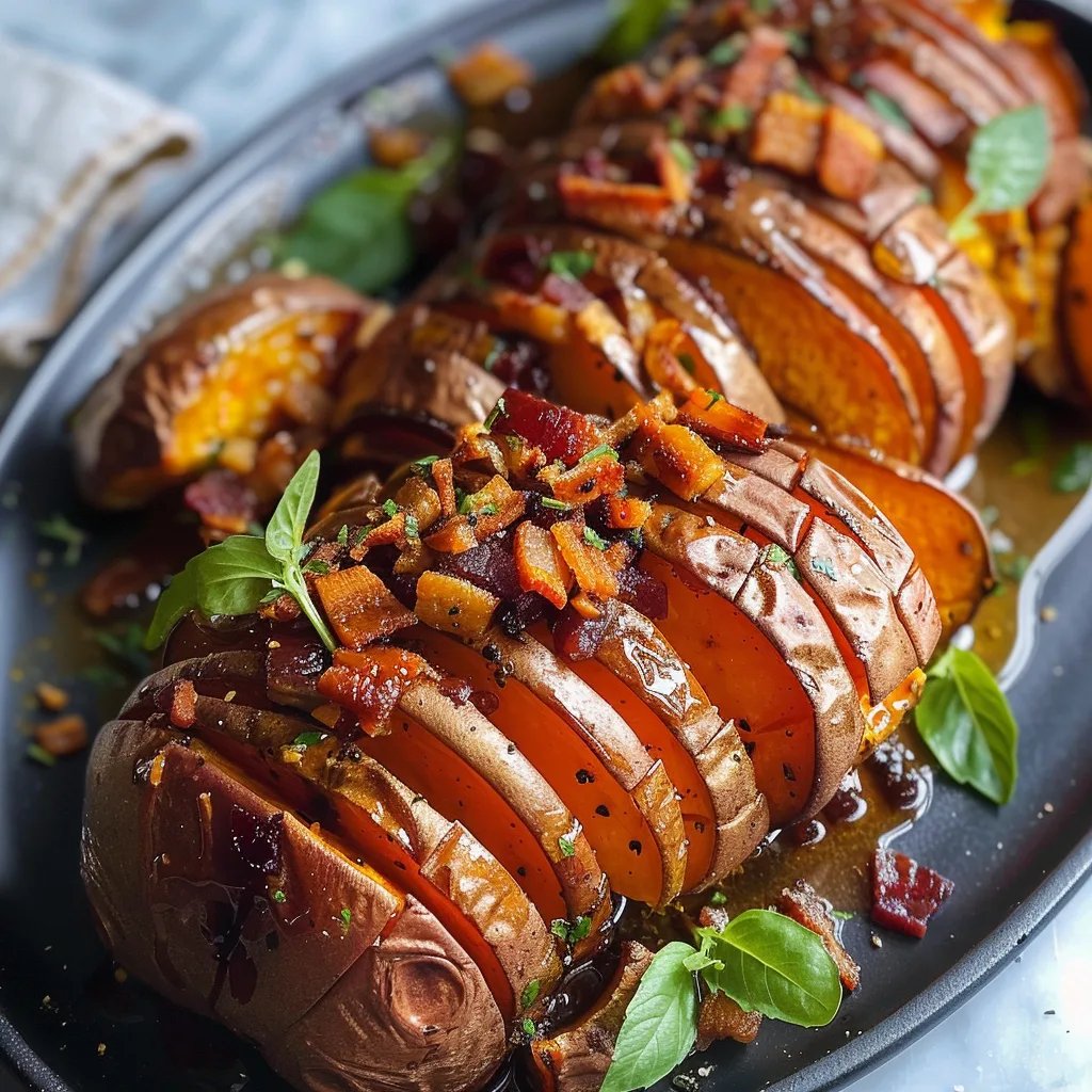 Roasted Hasselback Sweet Potatoes With Bacon Maple Brown Butter