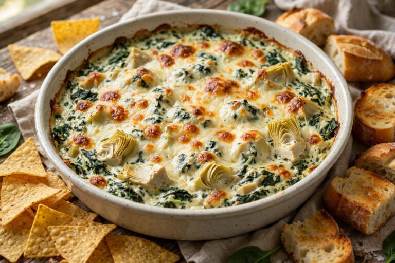 A baking dish of hot, golden baked spinach artichoke dip with melted cheese on top, served with tortilla chips for dipping at a party table.