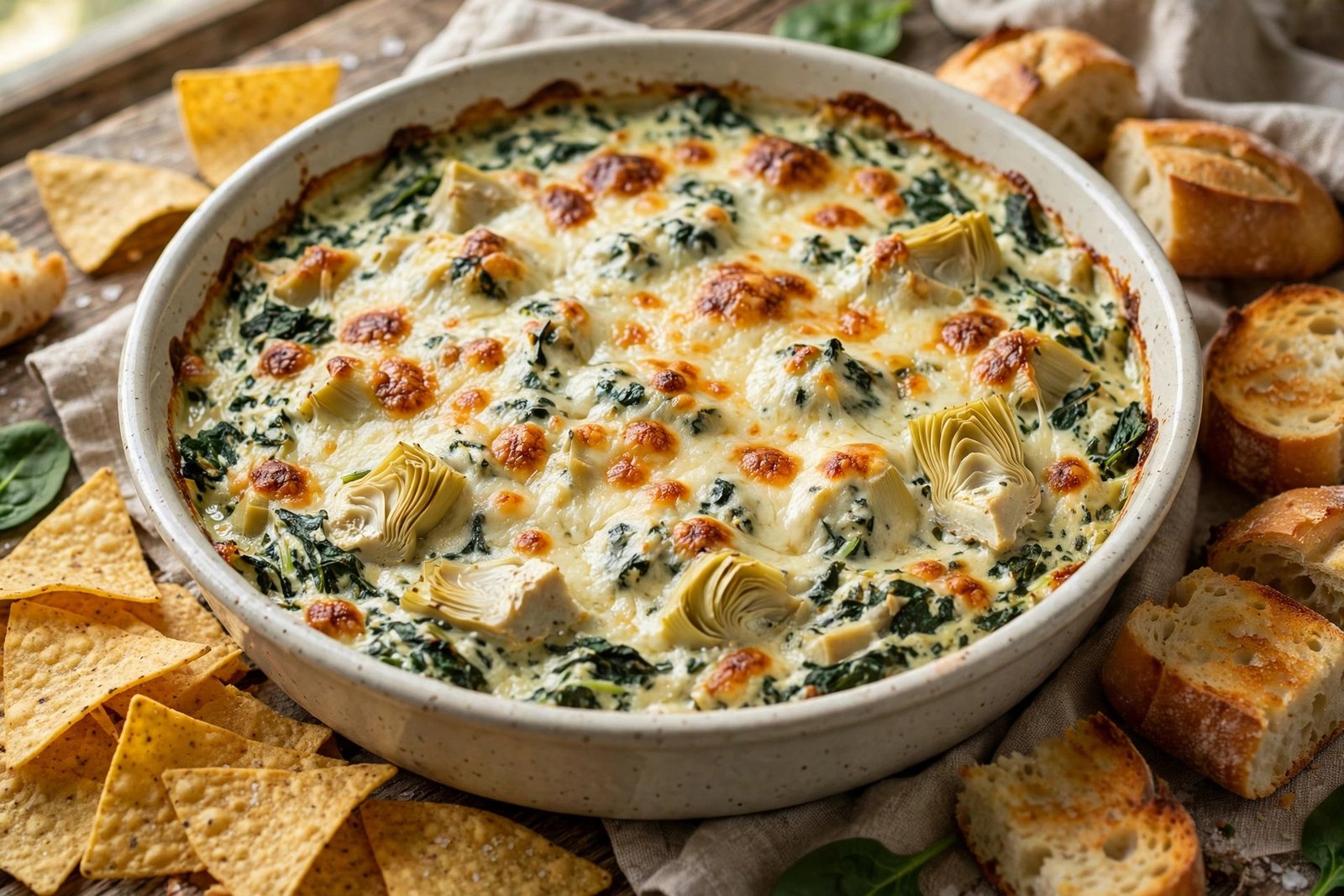 Baked Spinach Artichoke Dip (Hot, Cheesy, and Ready in 40 Minutes) 2 A baking dish of hot, golden baked spinach artichoke dip with melted cheese on top, served with tortilla chips for dipping at a party table.