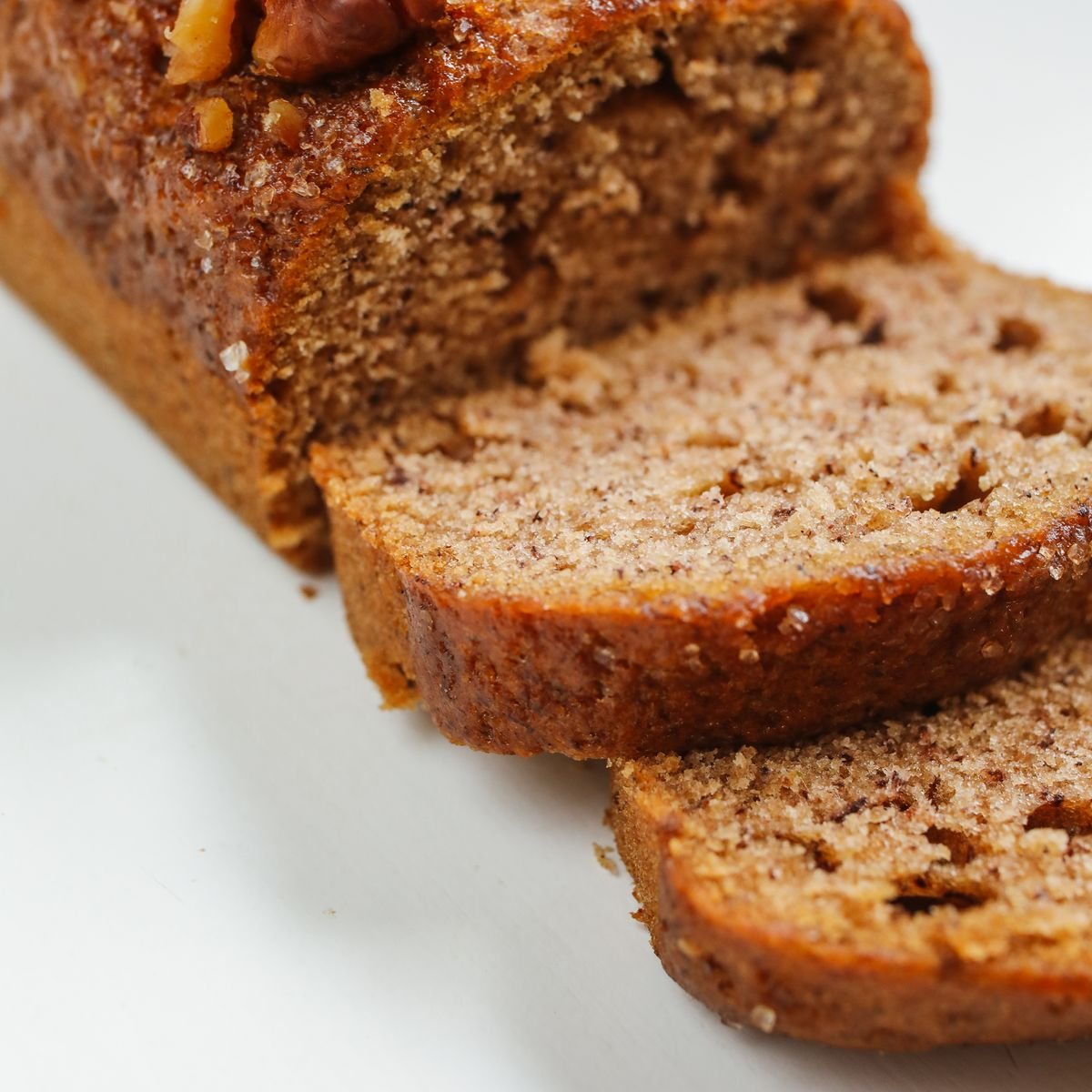 Sliced banana bread loaf close-up