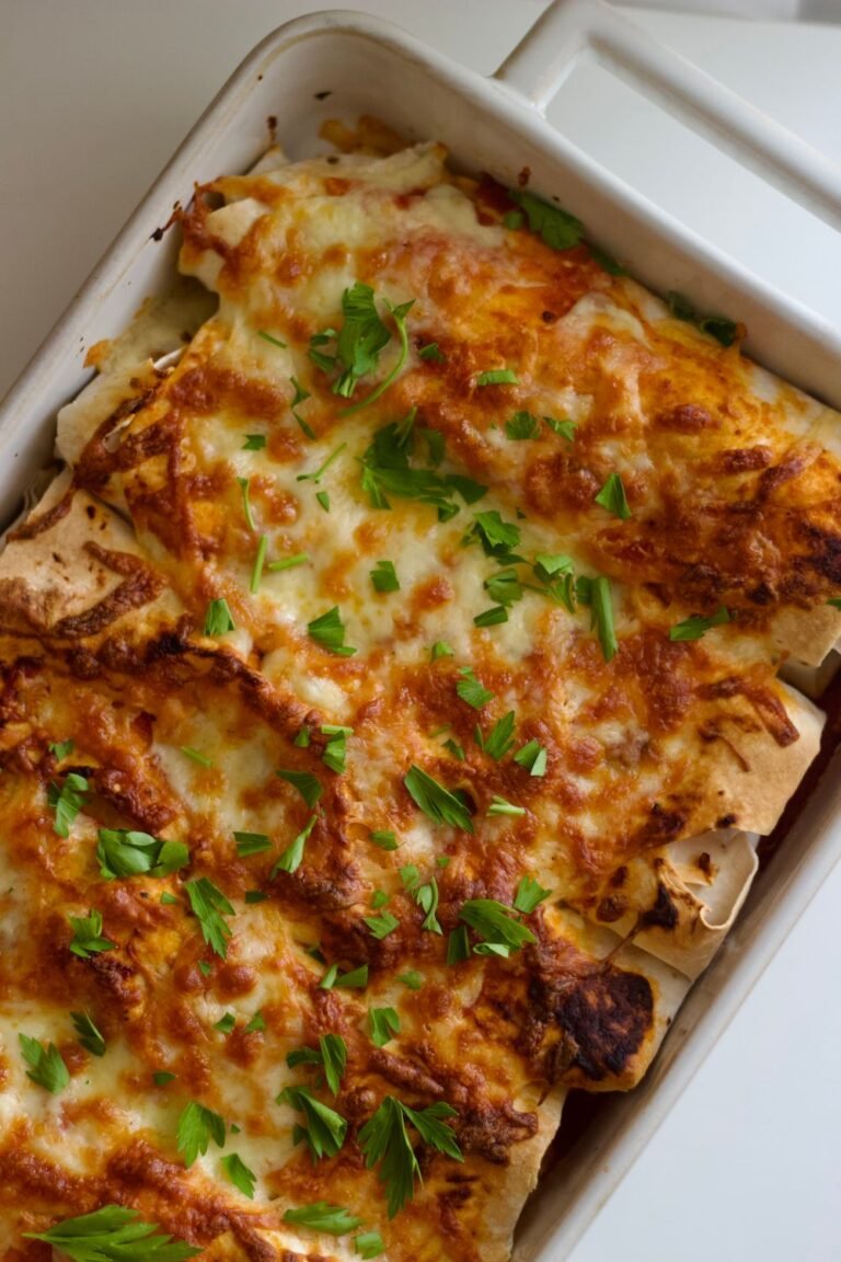 A baked beef enchilada casserole in a dish with melted cheese, red sauce, and layers of tortillas and seasoned beef.
