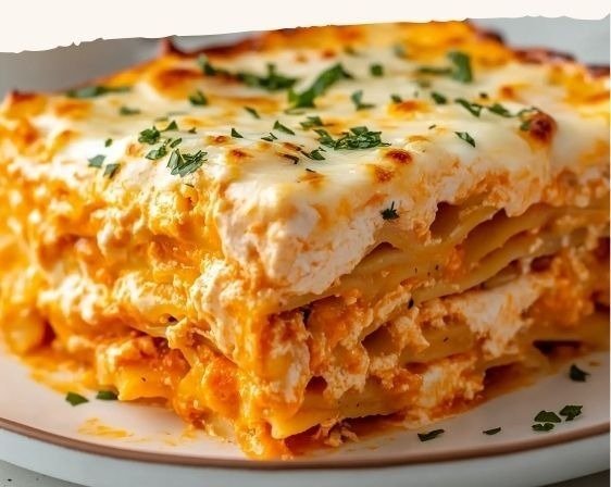 Buffalo chicken lasagna slices stacked with melty cheese and buffalo chicken layers