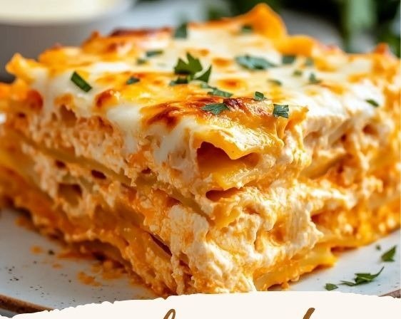 Single slice of buffalo chicken lasagna on a plate