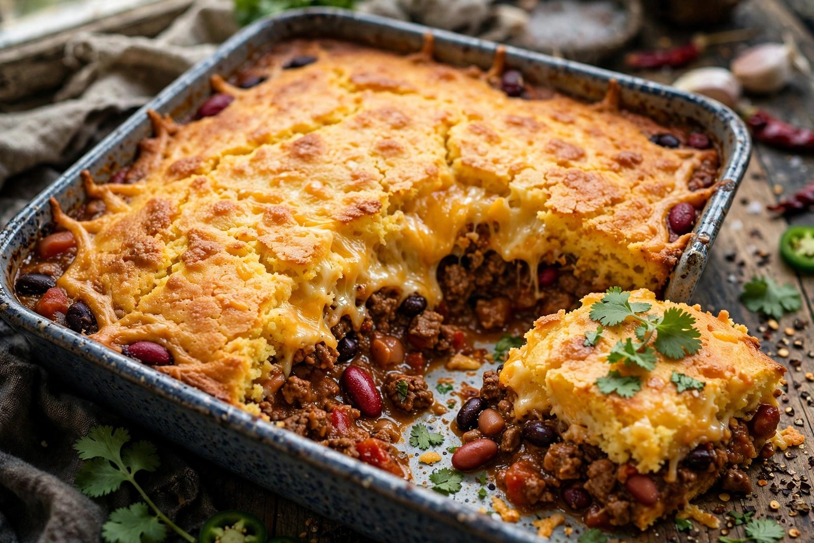 Chili Cornbread Casserole: Hearty Chili Under a Golden Cornbread Top 2 A baked chili cornbread casserole with a golden cornbread topping, melted cheese, and seasoned beef chili underneath.