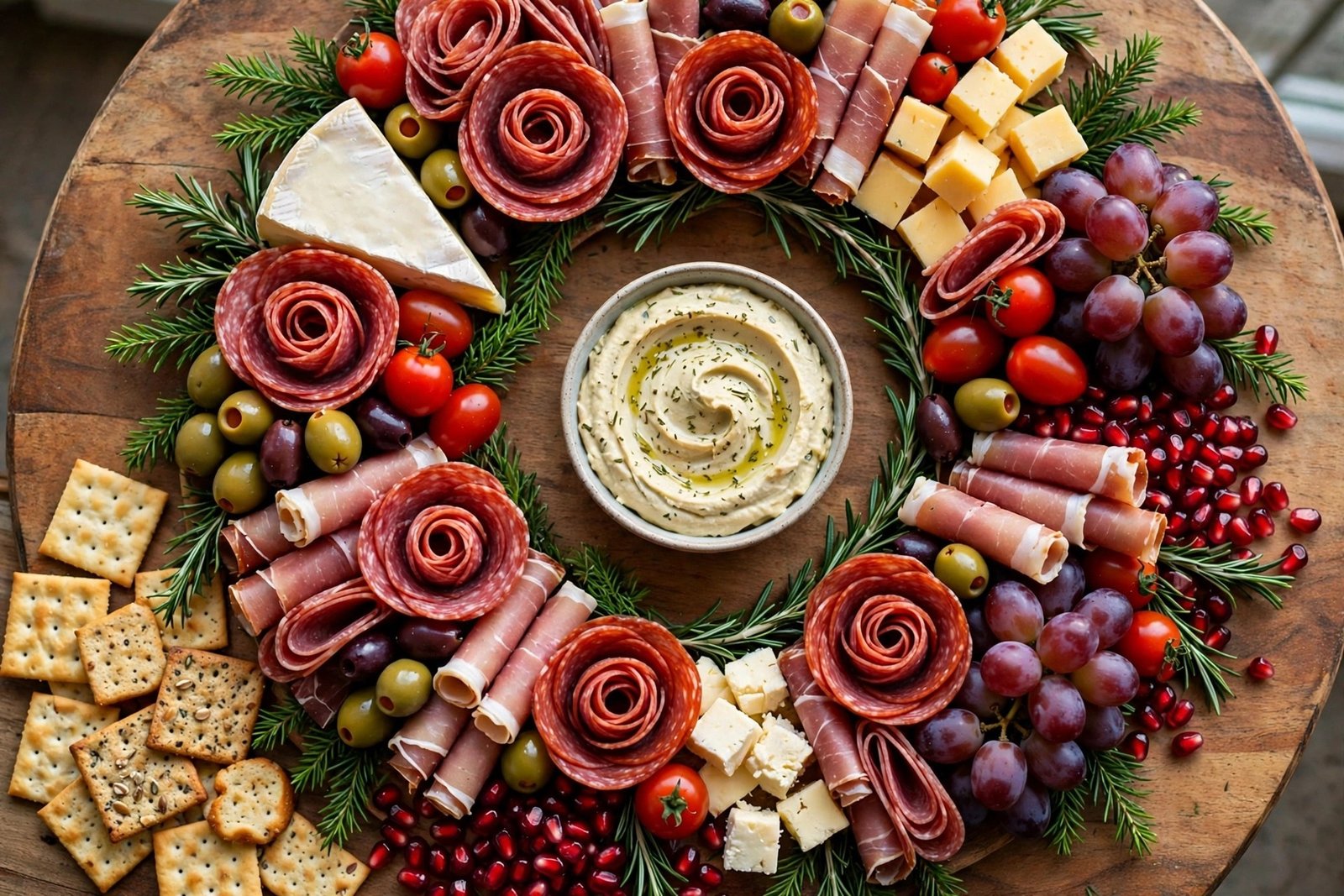 Christmas Charcuterie Wreath Board (No-Cook Holiday Centerpiece) 2 A round wooden board with cheeses, salami roses, meats, tomatoes, olives, grapes, and rosemary in a wreath ring around a bowl of dip.