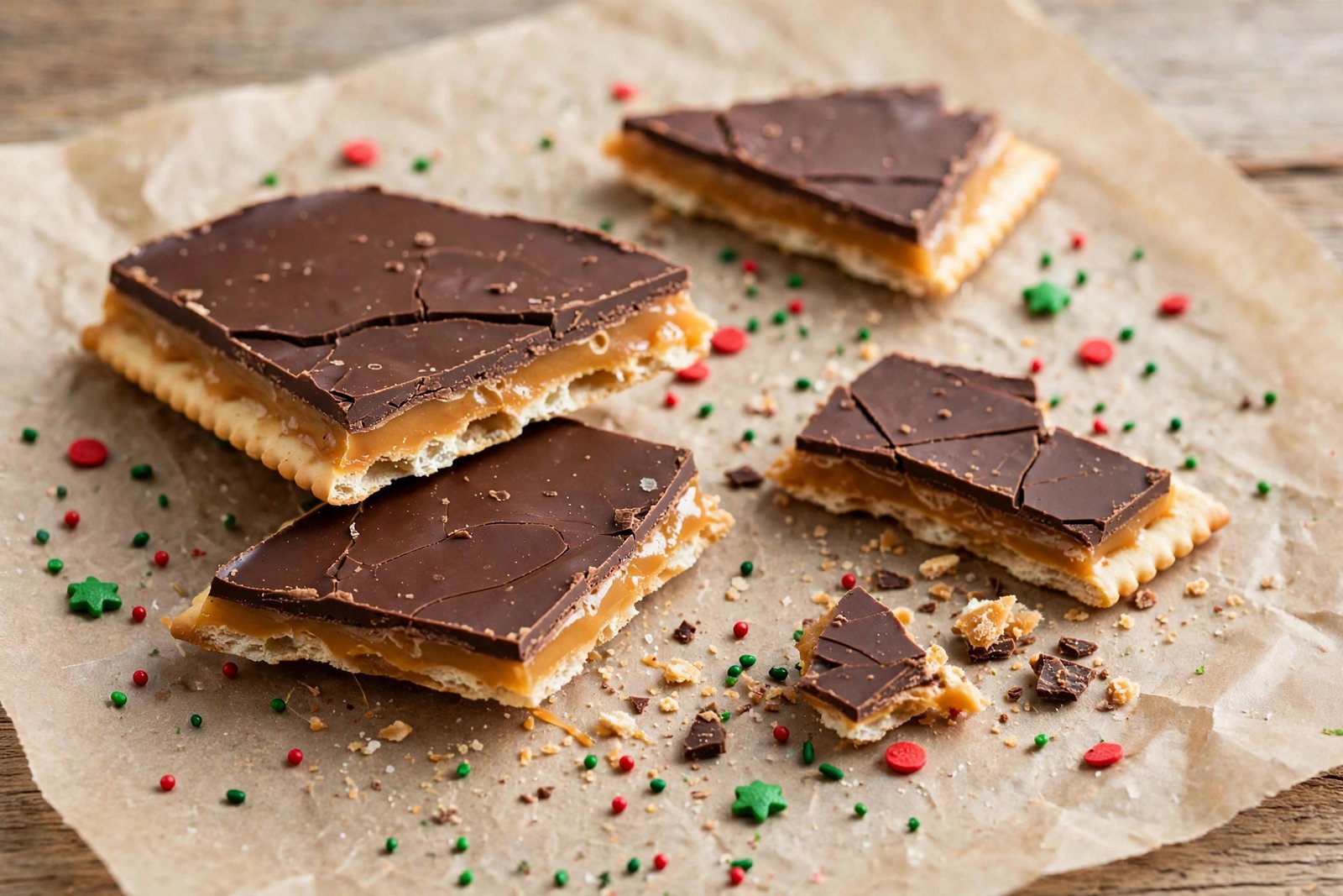 Broken pieces of Christmas crack saltine toffee with a chocolate layer and chopped pecans on top, stacked on a plate for a holiday dessert tray.