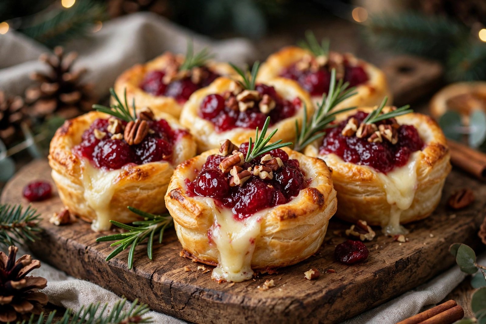 Cranberry Brie Bites (Golden Puff Pastry Cups, Ready in 30 Minutes) 3 Cranberry brie bites with cranberry sauce, chopped pecans, and rosemary on a wooden board