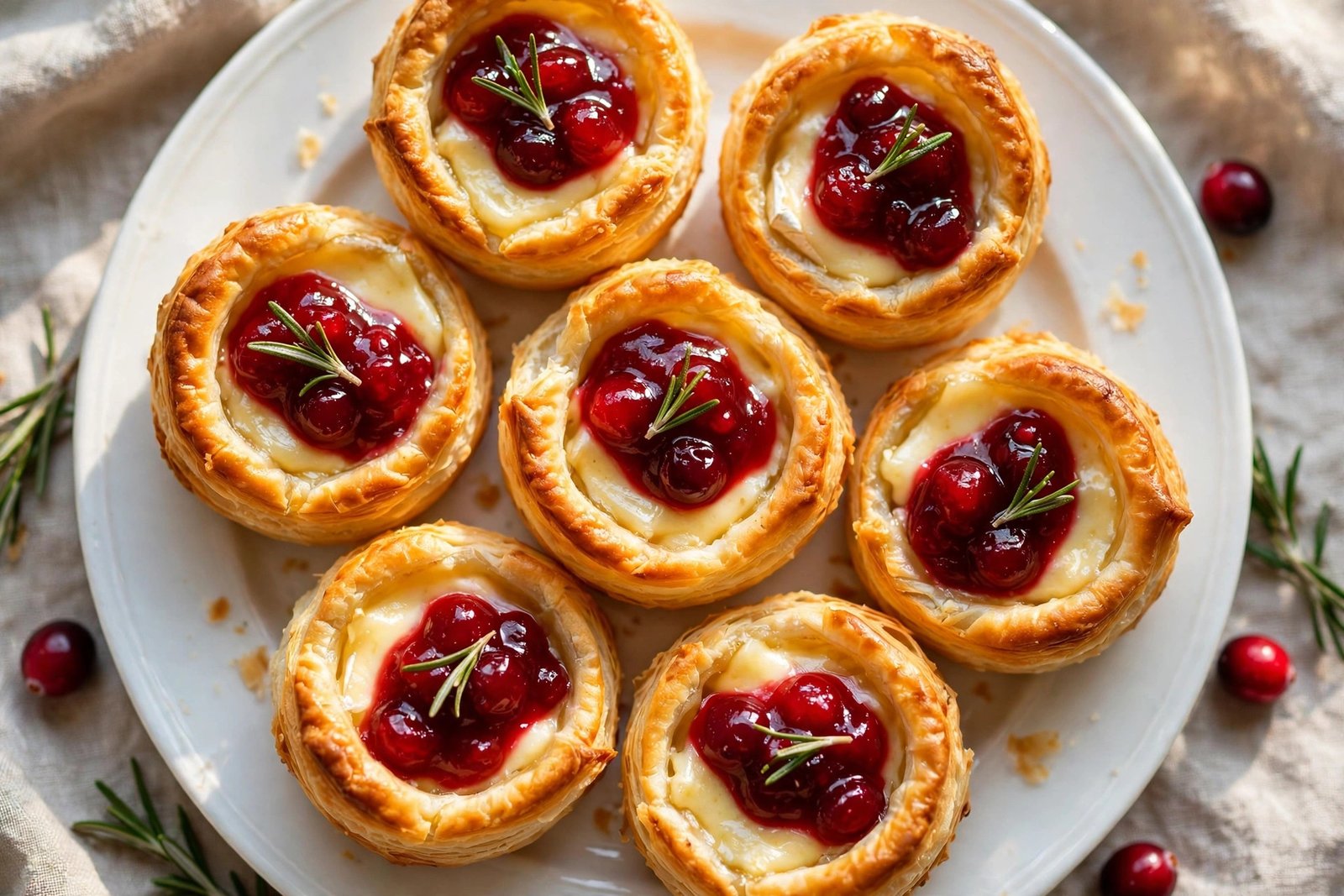 Cranberry Brie Bites (Golden Puff Pastry Cups, Ready in 30 Minutes) 2 Golden puff pastry cranberry brie bites topped with red cranberry sauce and rosemary sprigs arranged on a white plate