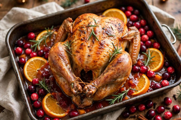 A whole golden roast chicken in a pan surrounded by red cranberries, orange slices, and rosemary sprigs on a holiday table.