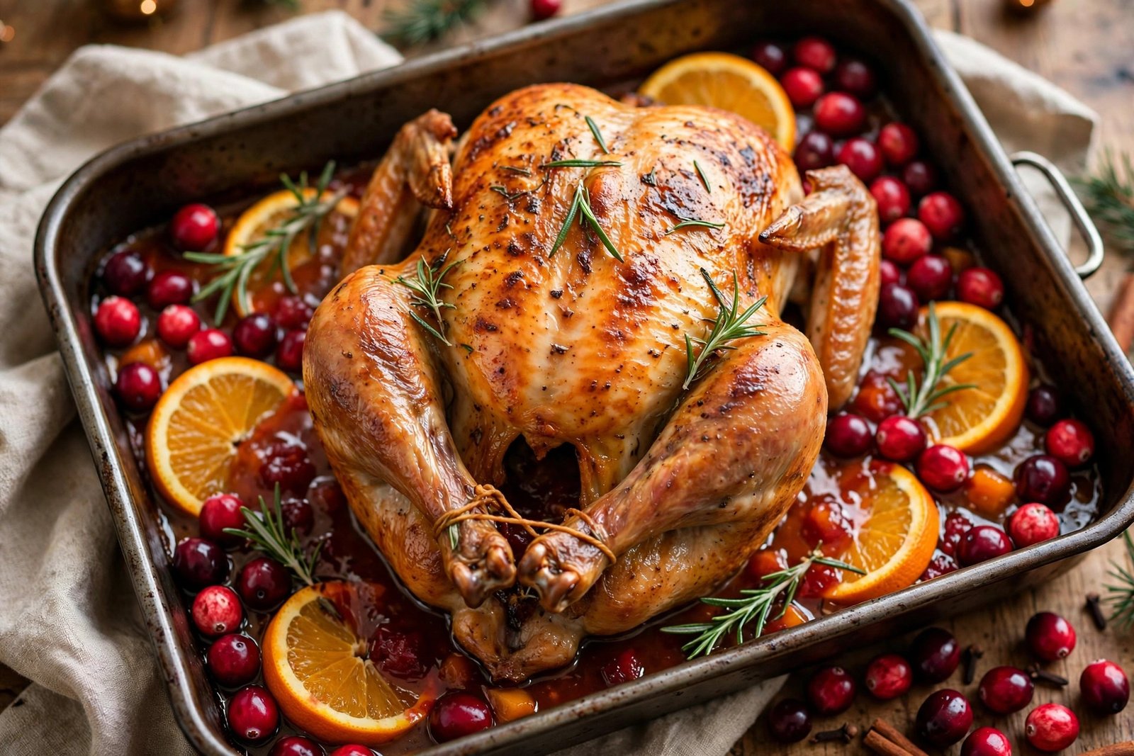 Cranberry-Orange Roast Chicken (Golden, Juicy, Holiday Centerpiece) 2 A whole golden roast chicken in a pan surrounded by red cranberries, orange slices, and rosemary sprigs on a holiday table.