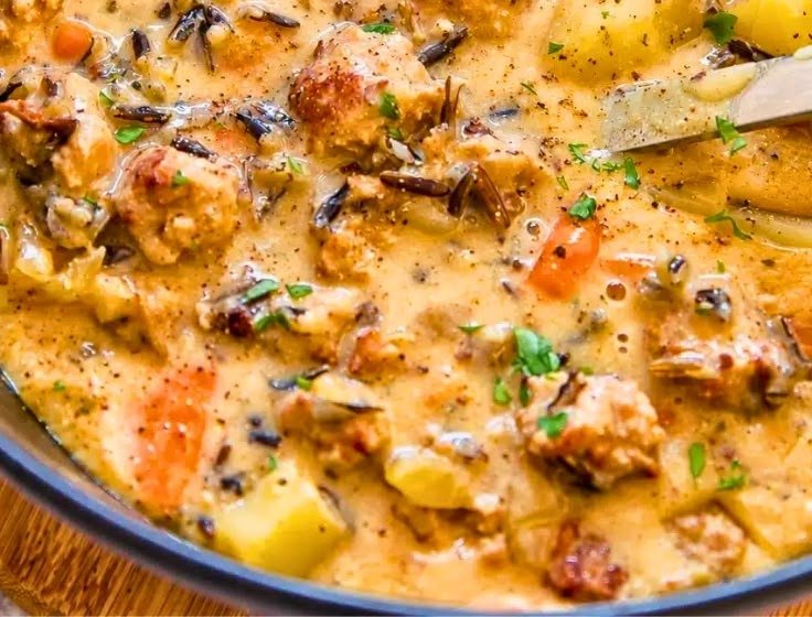 Creamy sausage potato chowder in a pot with sausage crumbles, potatoes and carrots
