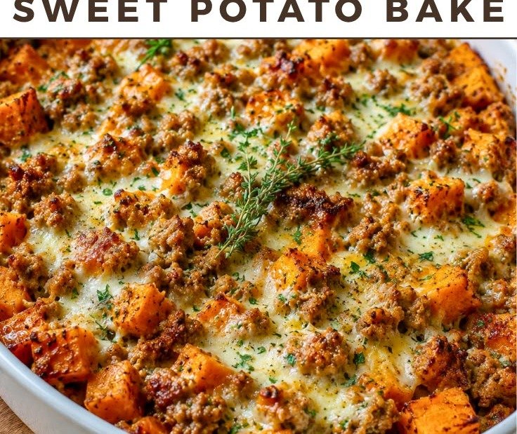 Ground turkey sweet potato bake with melted cheese and fresh rosemary