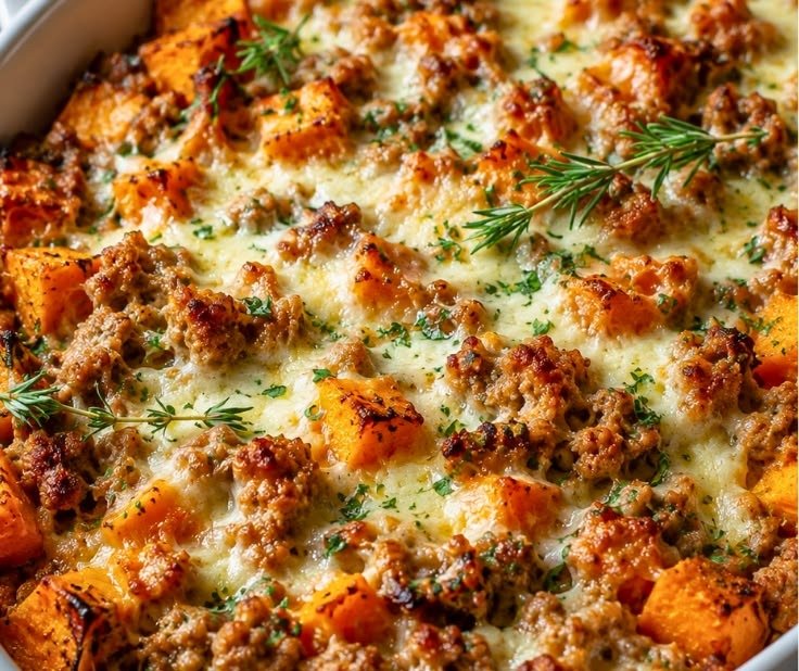 Close-up of ground turkey and sweet potato bake with golden melted cheese