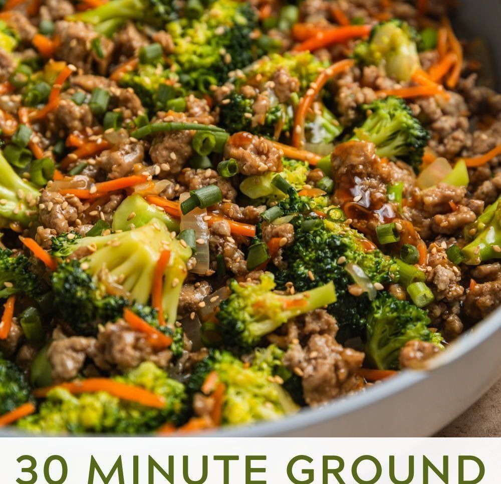 30-Minute Ground Turkey Teriyaki 3 Ground turkey teriyaki stir-fry with broccoli cooking in a pan