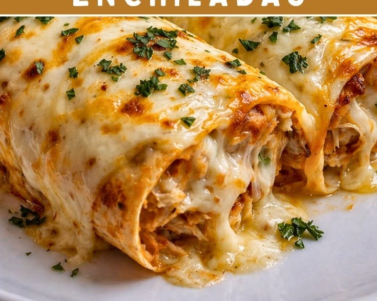 Healthy Chicken Enchiladas 2 Healthy chicken enchiladas topped with melted golden cheese and fresh herbs