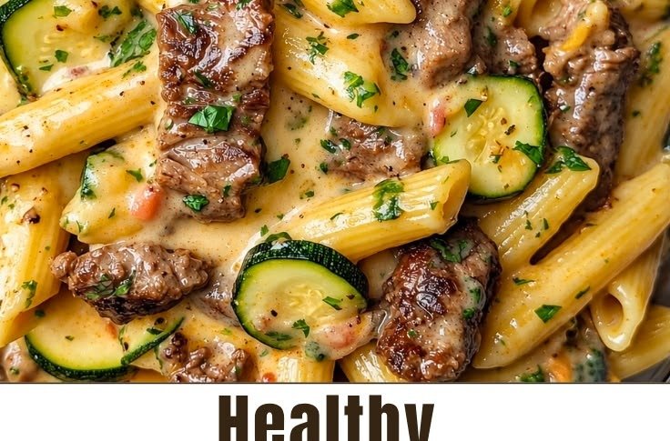Close-up of creamy steak penne with seared steak strips and zucchini rounds
