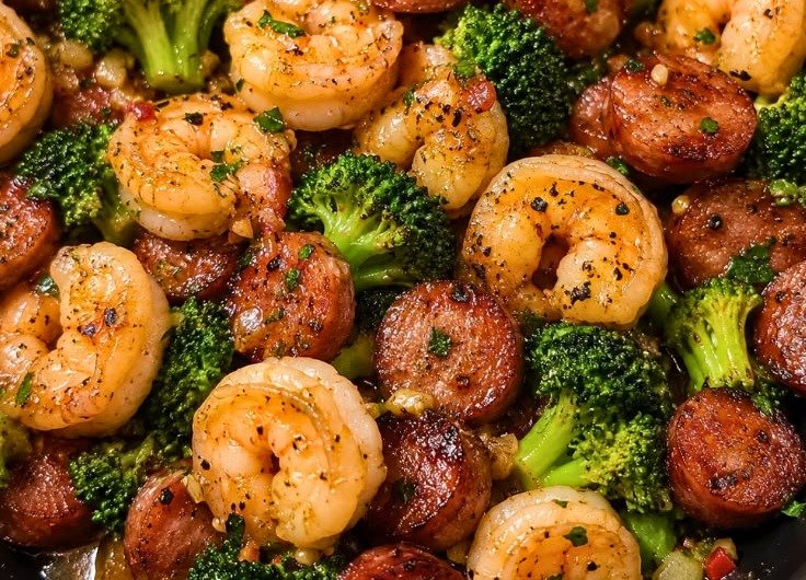 Honey garlic shrimp and sausage skillet with broccoli in a sticky glaze