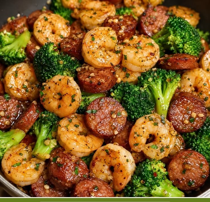 Healthy Honey Garlic Shrimp & Sausage 3 Close-up of honey garlic shrimp, sausage rounds and bright broccoli florets
