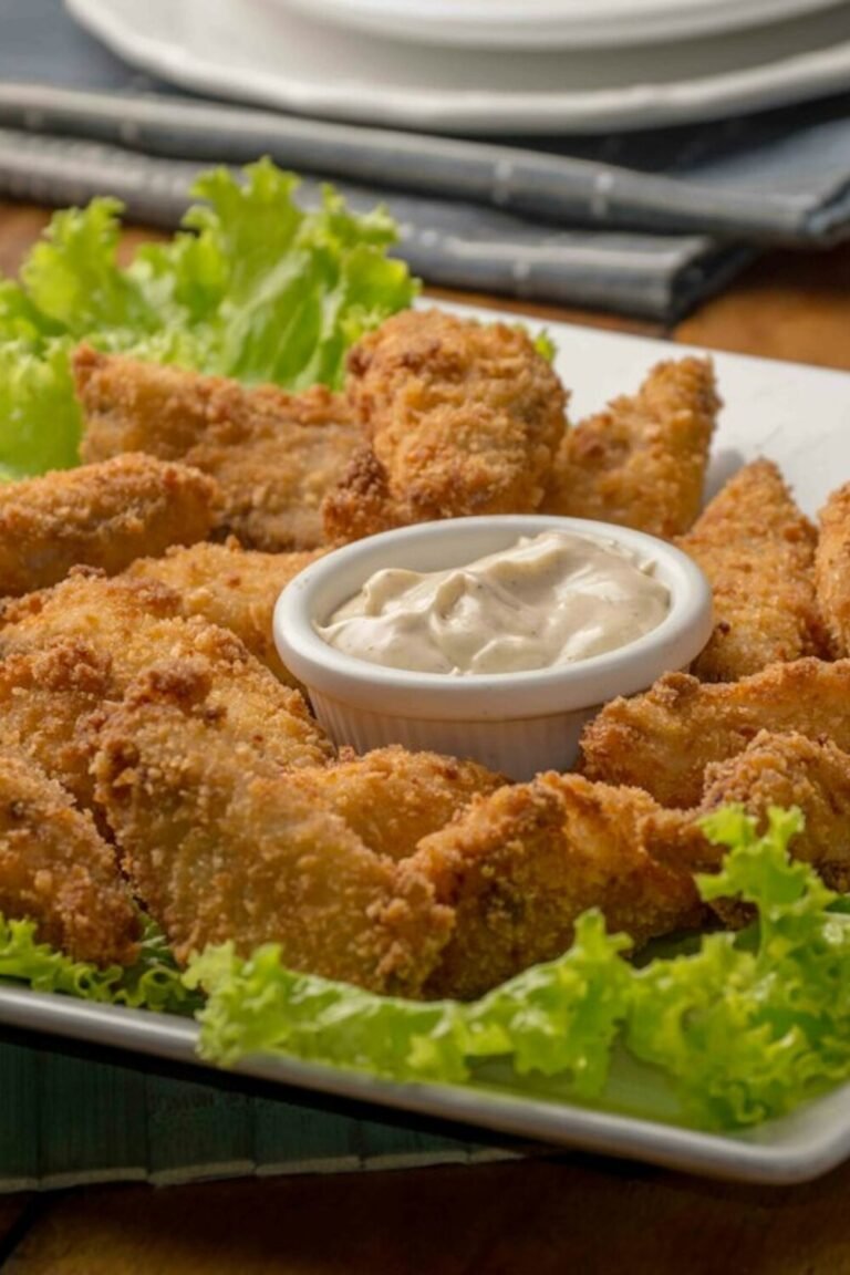 Crispy golden air fryer chicken bites on a platter with creamy herb dipping sauce