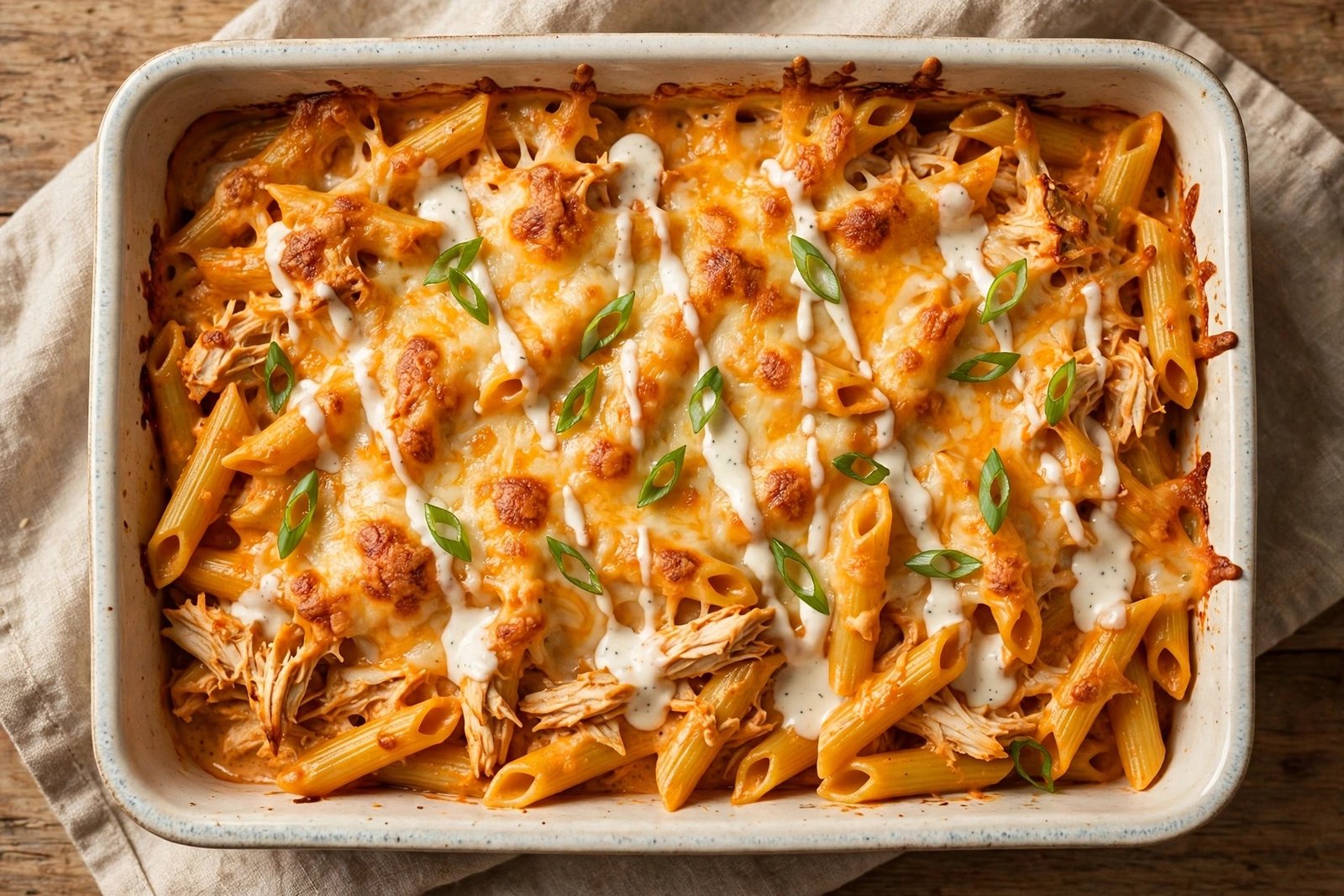 Buffalo chicken pasta bake in a baking dish with melted cheese