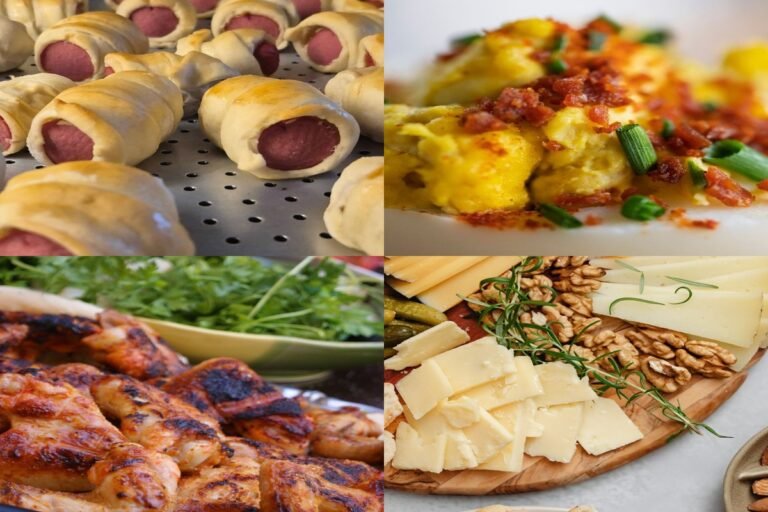 Halloween party appetizers collage: mummy hot dogs, spider deviled eggs, bat-wing chicken wings, and a spooky charcuterie board