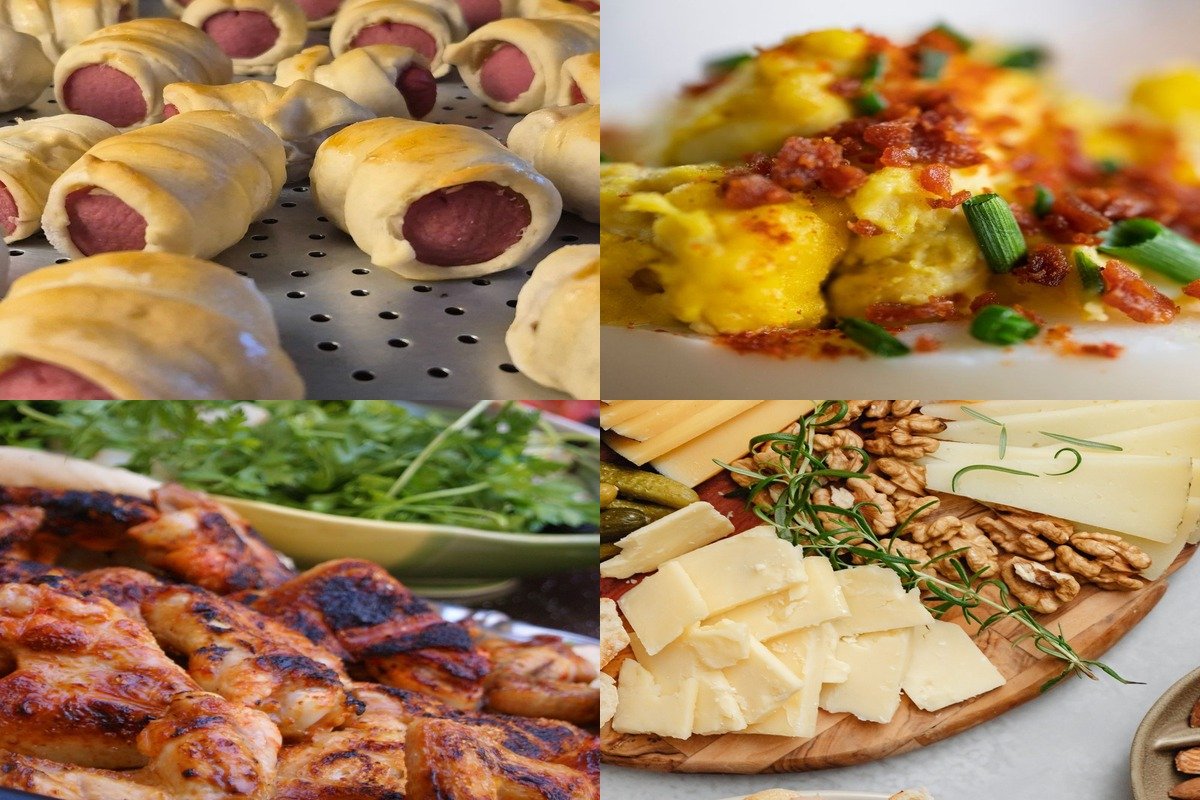Halloween party appetizers collage: mummy hot dogs, spider deviled eggs, bat-wing chicken wings, and a spooky charcuterie board