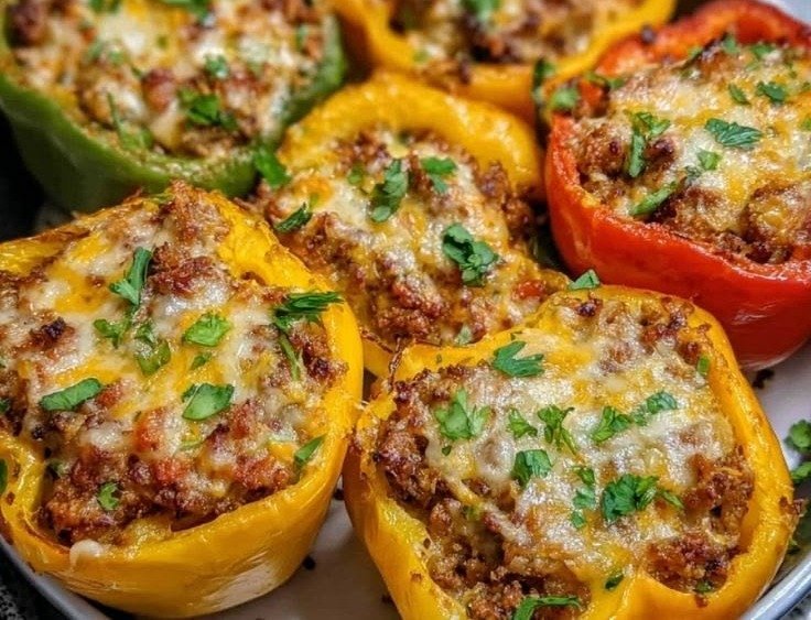 High-Protein Stuffed Bell Peppers 2 High-protein stuffed bell peppers in red, yellow and green with cheesy beef and rice filling