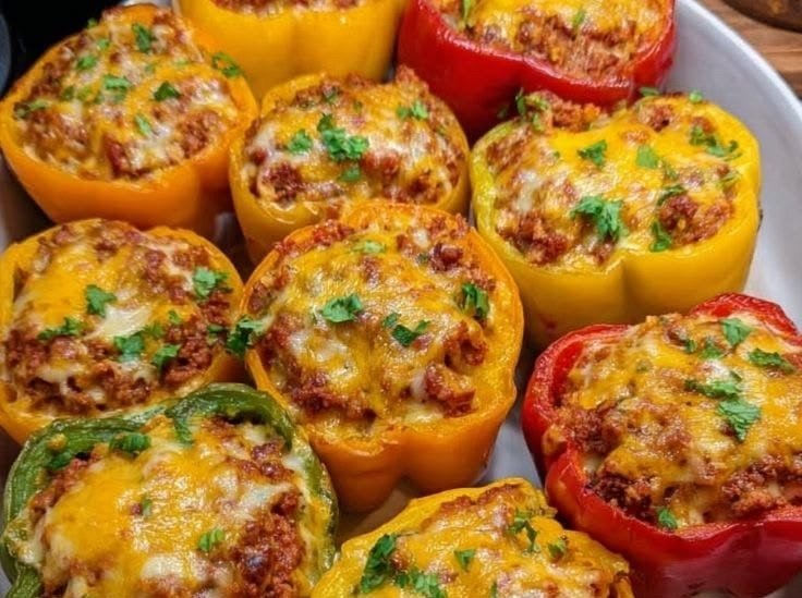 High-Protein Stuffed Bell Peppers 3 Stuffed bell peppers topped with melted cheese and fresh parsley, ready to bake