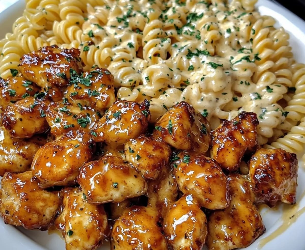 Close-up of glazed honey butter garlic chicken bites with pasta