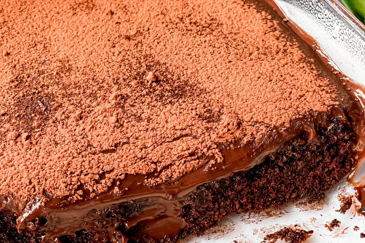Chocolate sheet cake baked in a 9x13 pan