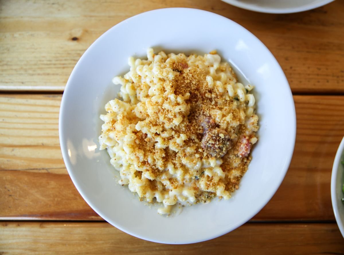 Baked pumpkin mac and cheese with golden crispy topping