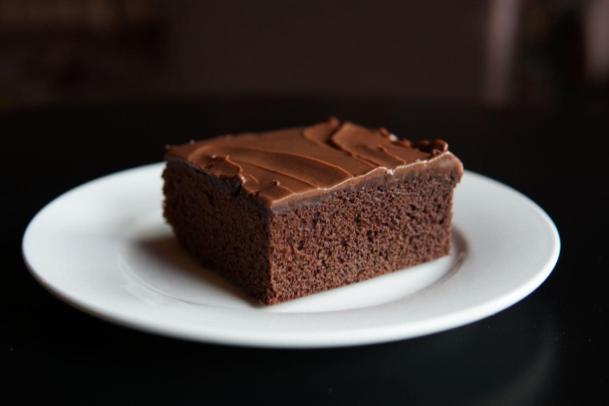 Slice of Spooky Chocolate Dot Cake served on a plate