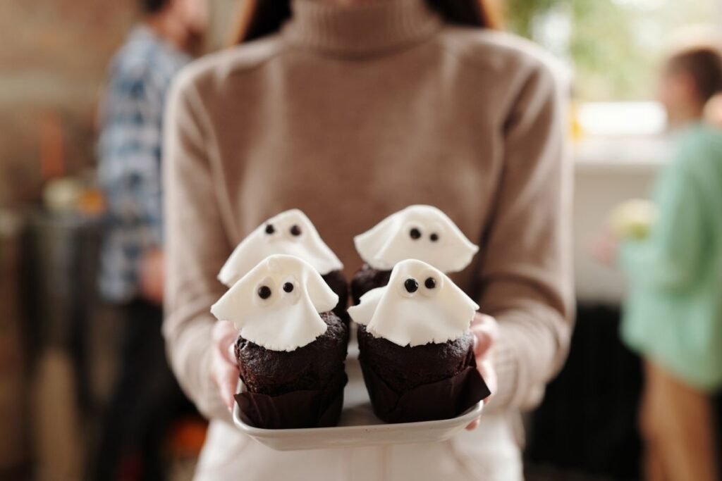 Ghost cupcakes with marshmallow toppers