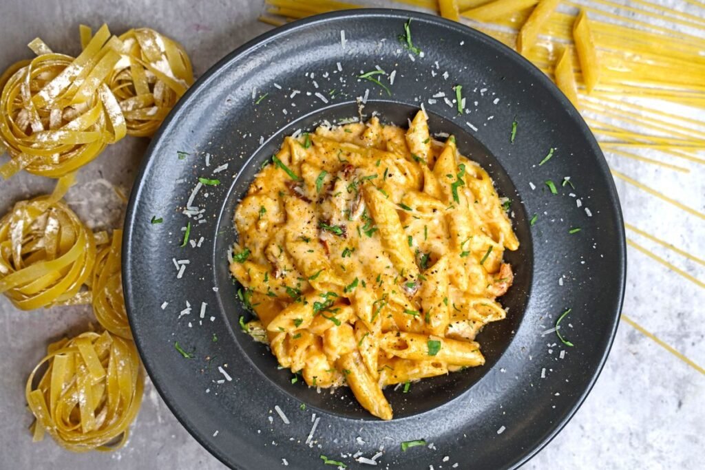 Creamy Pumpkin Pasta (The Cozy 25-Minute Fall Pasta) 4 Creamy pumpkin penne served in a dark bowl with fresh herbs
