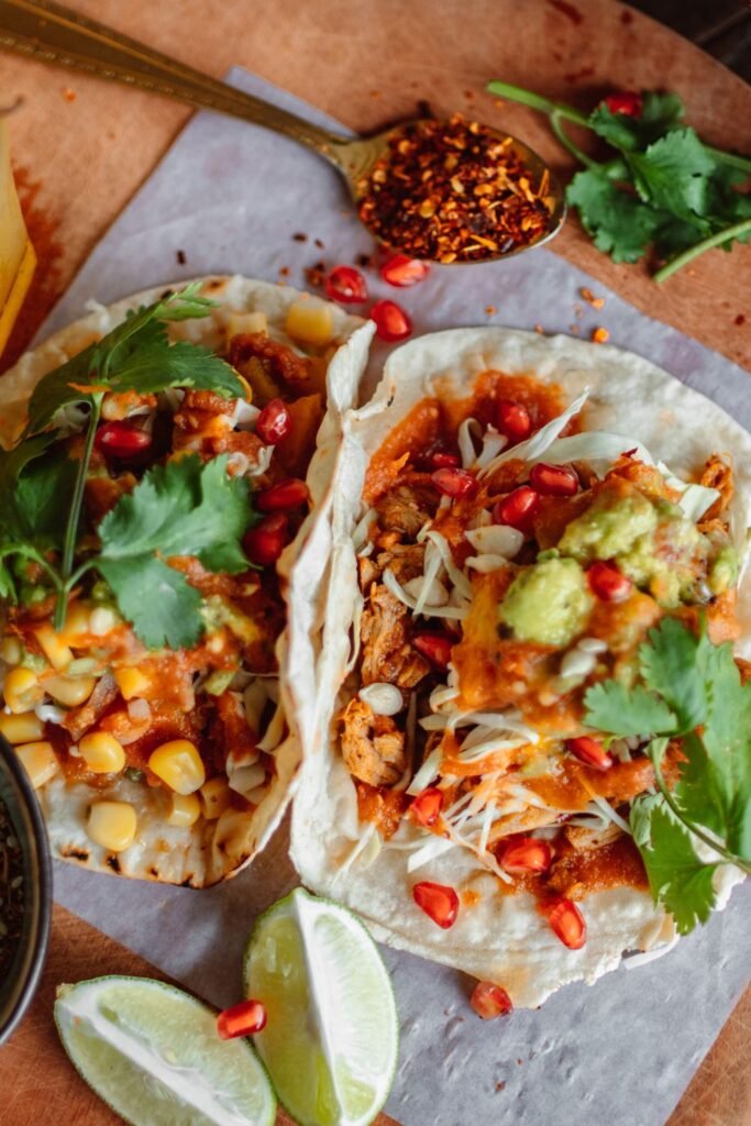Spiderweb Tacos (The Spooky 20-Minute Halloween Taco Night) 5 Two soft beef tacos with corn, tomato, cilantro and red onion