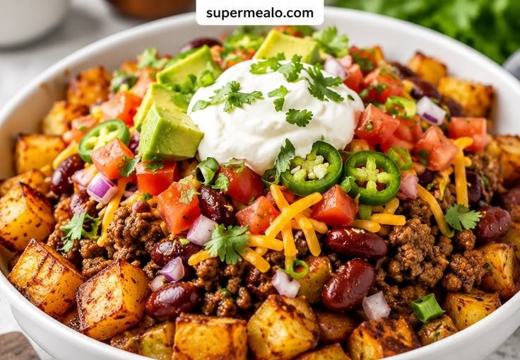 Loaded Potato Taco Bowl 3 Loaded potato taco bowl topped with diced tomato, cilantro and melted cheese