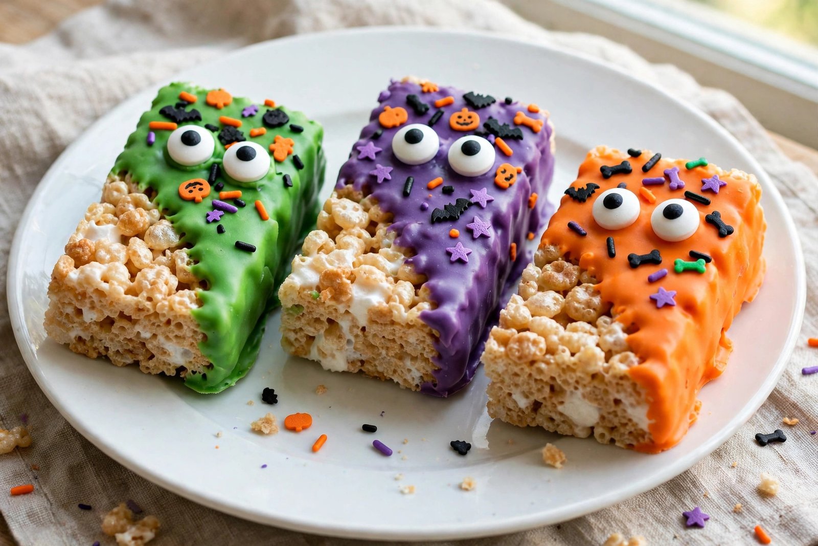 Monster Rice Krispie Treats (Candy-Coated, Candy Eyes, Ready in 1 Hour 20 Minutes) 2 Three monster rice krispie treats on a white plate, dipped in green, purple, and orange candy coating with googly candy eyes and sprinkles