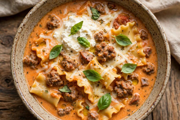 A bowl of creamy lasagna soup with broken lasagna noodles, sausage, a ricotta dollop, melted mozzarella, and fresh basil
