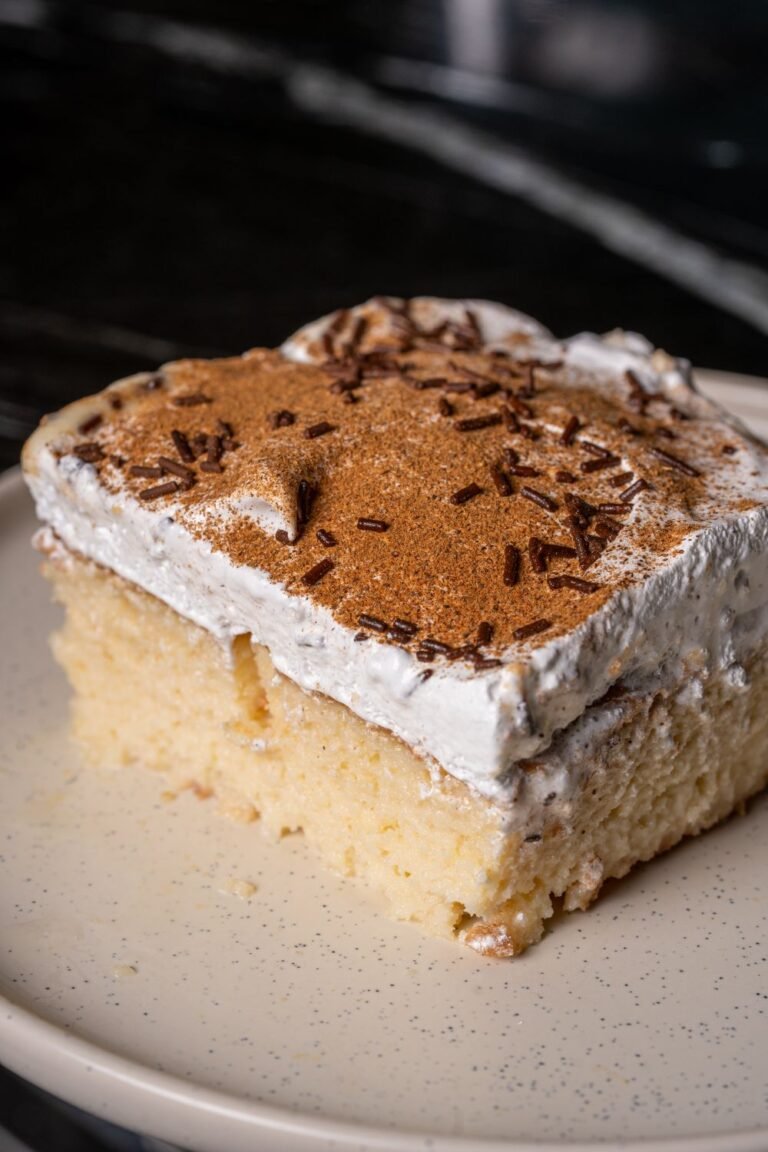 A slice of tres leches cake with thick whipped cream topping dusted with cinnamon and chocolate sprinkles on a plate.