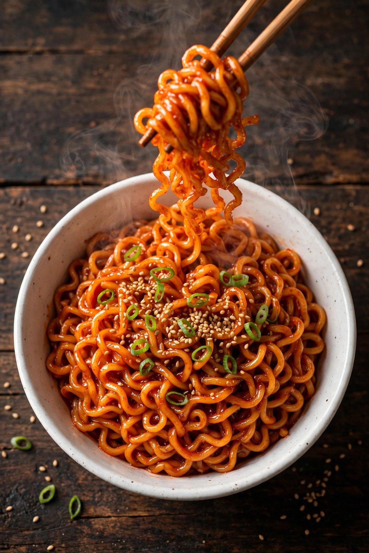 Gochujang butter noodles lifted with chopsticks