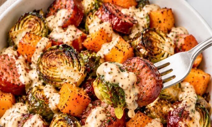 Sheet Pan Sausage & Fall Veggies with Apple Cider Dijon Sauce 3 Fork lifting a saucy Brussels sprout and sausage slice from the sheet pan