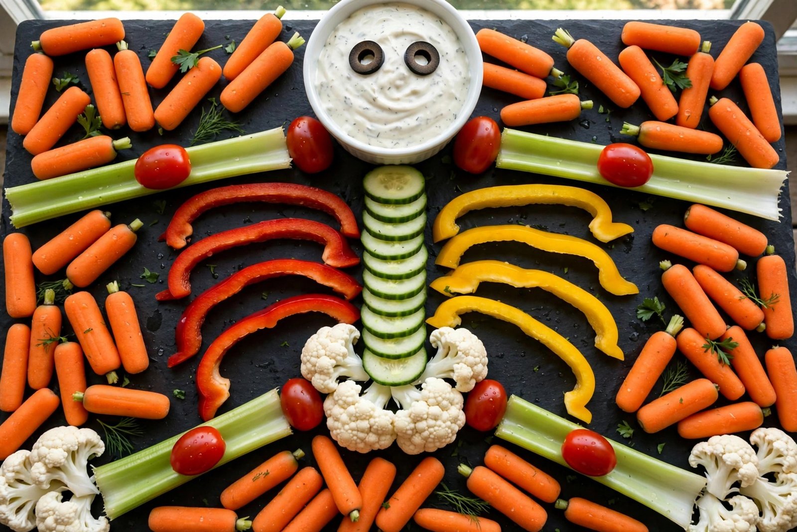 Skeleton Veggie Platter (Dip-Bowl Skull, Cucumber Spine, Ready in 25 Minutes) 2 Overhead view of a skeleton-shaped veggie platter with a ranch dip bowl skull with olive eyes, a cucumber spine, pepper ribs, and celery limbs