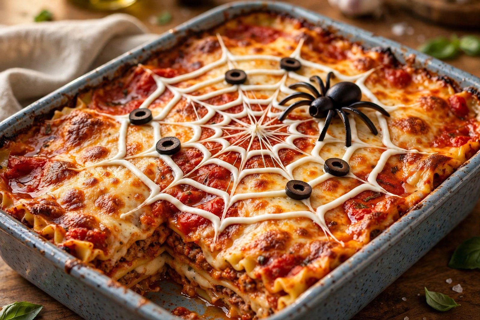 Spiderweb Lasagna (White-Sauce Web, Olive Spider, Ready in 1 Hour 10 Minutes) 2 A baked lasagna in a dish topped with a piped white-sauce spiderweb and a black olive spider, with a slice cut from one corner