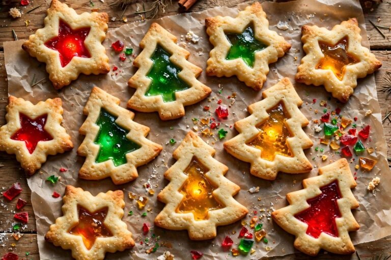 Star- and tree-shaped sugar cookies with glowing red, green, and amber translucent candy centers arranged on parchment paper.