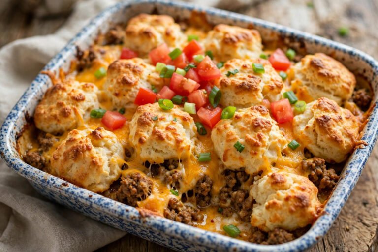 A baked taco bubble up casserole with golden biscuit pieces, seasoned beef, salsa, and melted cheese in a baking dish.