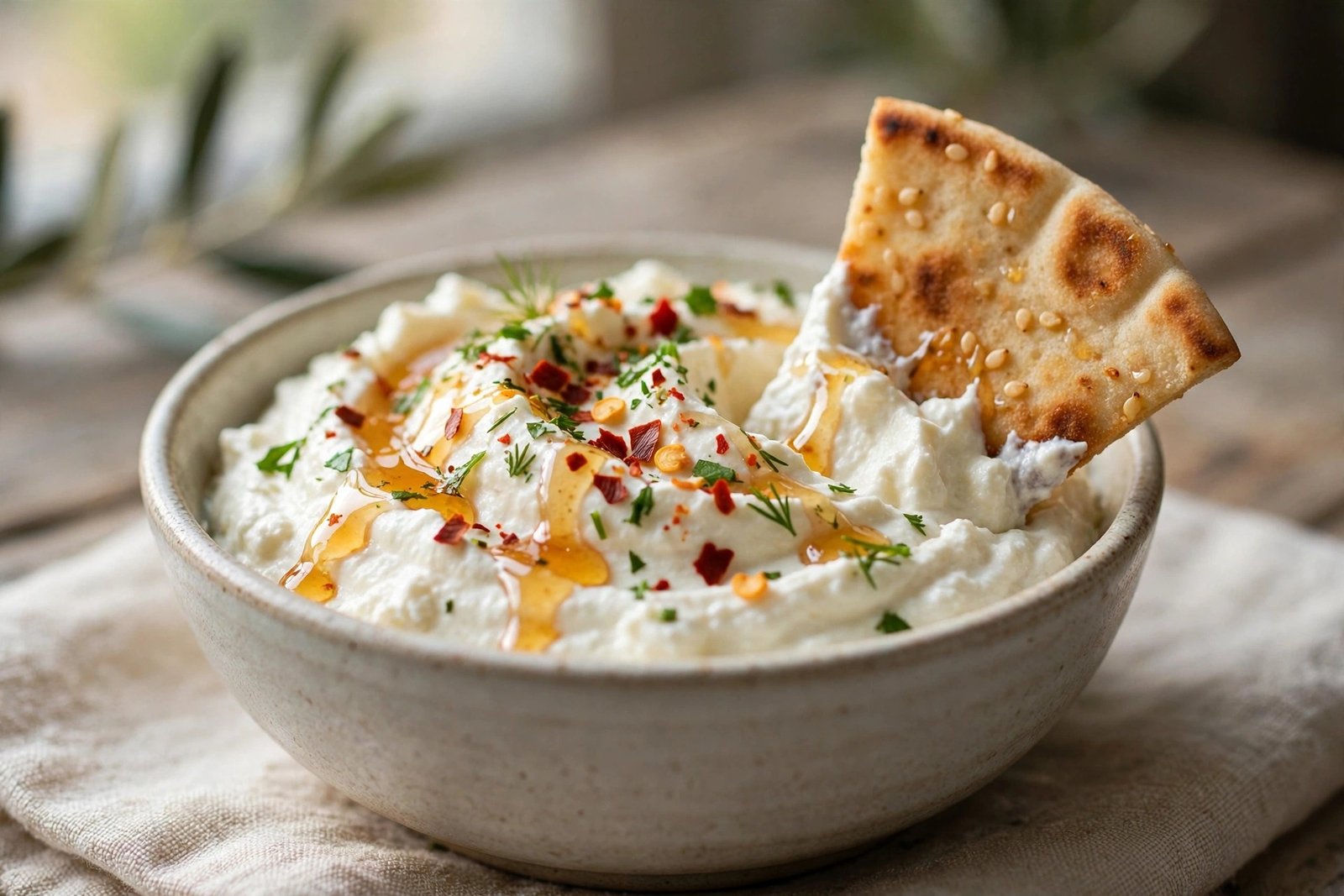 Whipped Feta Dip with Hot Honey 3 Whipped feta dip with hot honey, chili flakes and fresh herbs