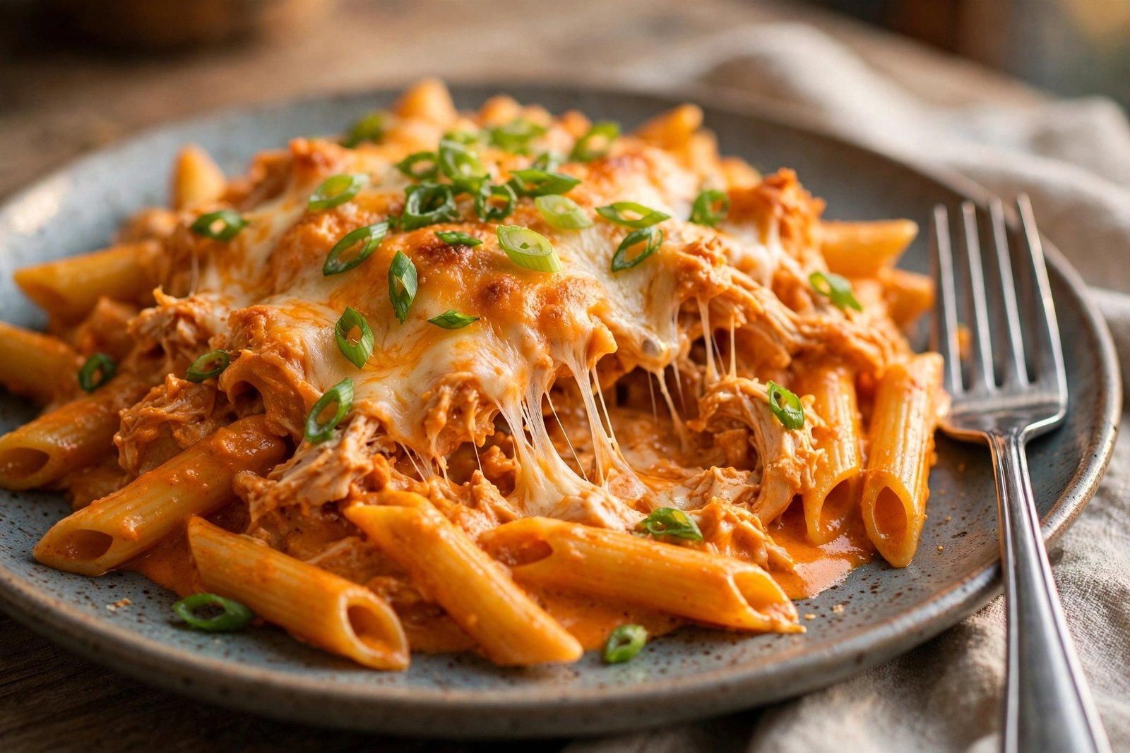 Buffalo chicken pasta bake with melted cheese and green onions