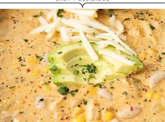 White Chicken Chili 2 Creamy white chicken chili topped with avocado slices and shredded cheese