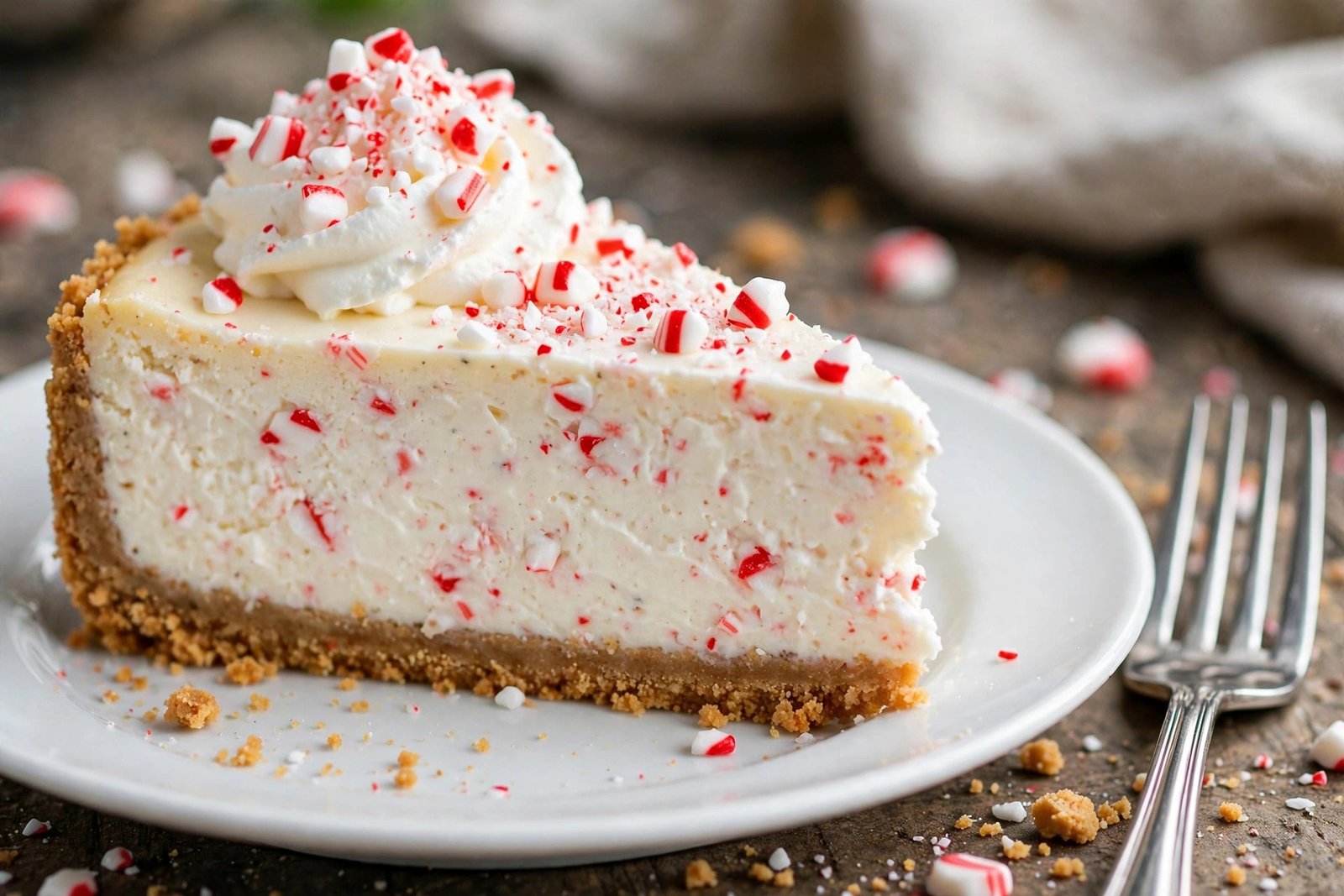 White Chocolate Peppermint Cheesecake (Make-Ahead Christmas Showstopper) 3 A slice of white chocolate peppermint cheesecake with candy cane flecks, whipped cream and crushed candy canes.